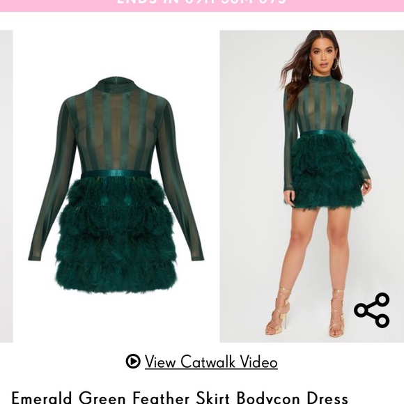 emerald green feather skirt bodycon dress